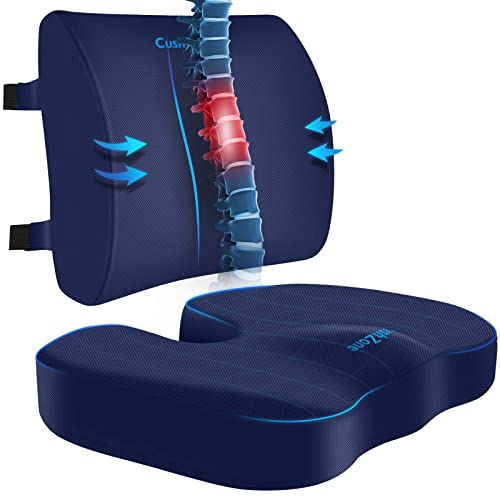 Seat Cushion, Lumbar Support Pillow with Adjustable Strap-Chair Cushions for Sciatica Pain Relief-with Washable Cover Memory Foam for Car, Travel and Wheelchair-Blue