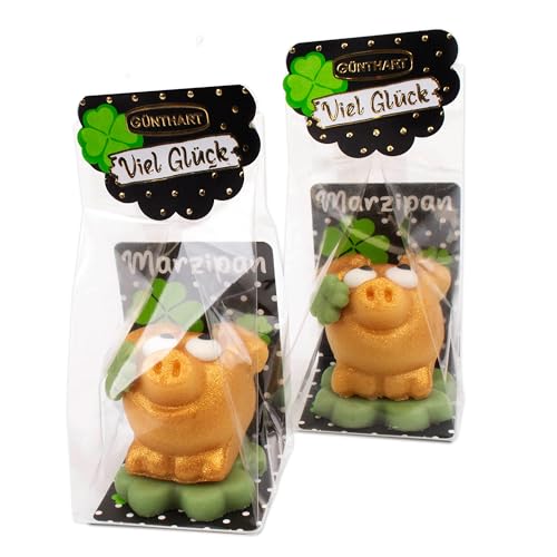 Günthart 2er Set Marzipan Schweinchen Gold - 2 x 40g, edle Geschenkverpackung mit goldenem Overspray & grünem Kleeblatt, als Glücksbringer, perfekt für Silvester und als Glücksgeschenk​