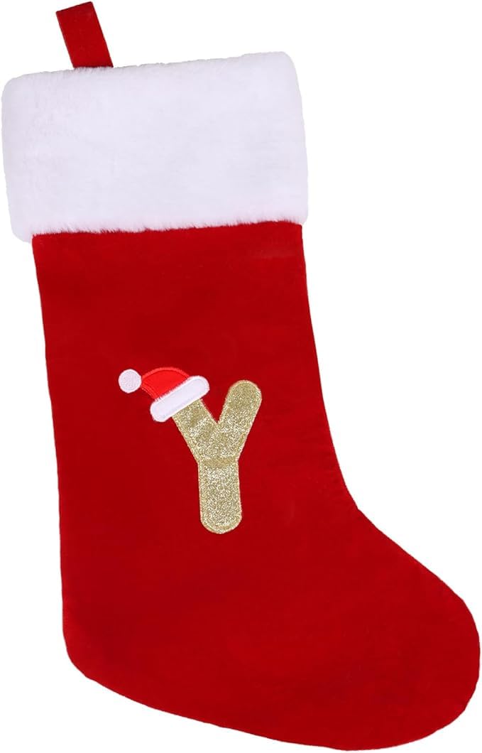 Veylin Y 20 Inch Christmas Stockings Large Embroidered Stockings Plush Embroidered Stockings Christmas Stockings With Letters(Y), Embroidered Stockings Christmas Stockings For Kids/Adult Red Letter