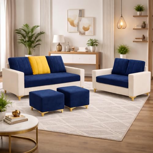 Image of Hakuna Dual Tone Plush Velvet 3 Seater + 2 Seater Sofa Set with 2 Ottoman | Silken Velvet Suede Upholstery | Designer Sofa for Living Room & Office Spaces (Dark Blue & Cream)
