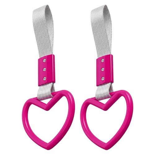 Image of 2PCS Heart Shaped Car Handle Straps, Rear Bumper Warning Keychain Ring for Car Exterior Accessories (Hot Pink-Silver)