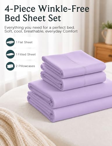 Image of LuxClub 4 PC Queen Sheet Set, Breathable Luxury Bed Sheets, Deep Pockets 18 inch Wrinkle Free Cooling Sheets Machine Washable Hotel Bedding Silky Soft - Lavender Queen