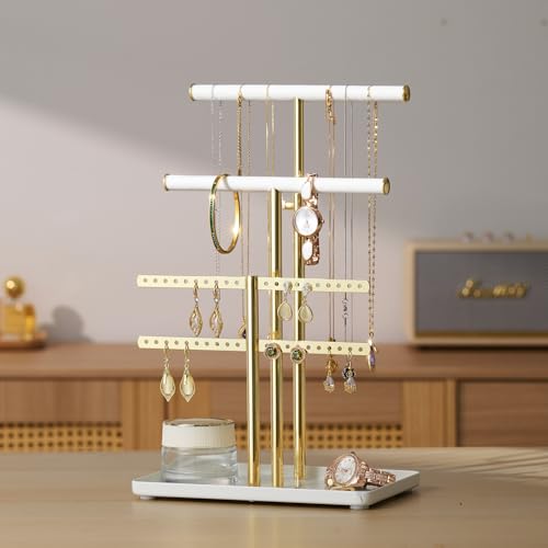 pickpiff Jewelry Holder Organizer with Velvet, Adjustable 10\"-17\" Tall, Metal Stand for Display Bracelet, Necklace, Earrings, Rings, White and Gold