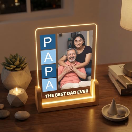 Image of Giftplease Rectangular Tabletop Acrylic LED Photo Frame for Papa | Personalized Wooden Night Lamp with Custom Picture | Fathers Day Dad Birthday Family Memory Decor Light for Bedroom Office Desk