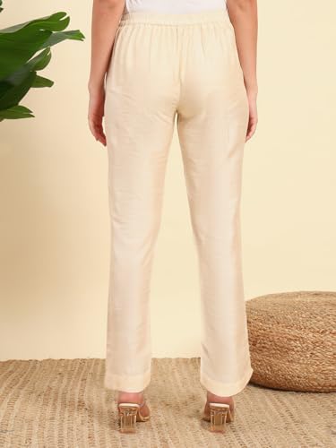Image of Vogaan Women's Cotton Silk Pant | Half-Elasticated Waist Slim Fit Trouser for Women | Casual Pocket Pants for Office Formal Daily Use