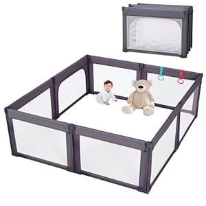Foldable Baby Playpen, Shape & Size Adjustable Playpen for Toddler, 79×71 Large Play Pens Safety Mesh Foldable Playard for Babies, Portable Baby Fence Play Area Kids Play Pen, Dark Grey