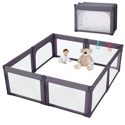 Foldable Baby Playpen, Shape & Size Adjustable Playpen for Toddler, 79×71 Large Play Pens Safety Mesh Foldable Playard for Babies, Portable Baby Fence Play Area Kids Play Pen, Dark Grey