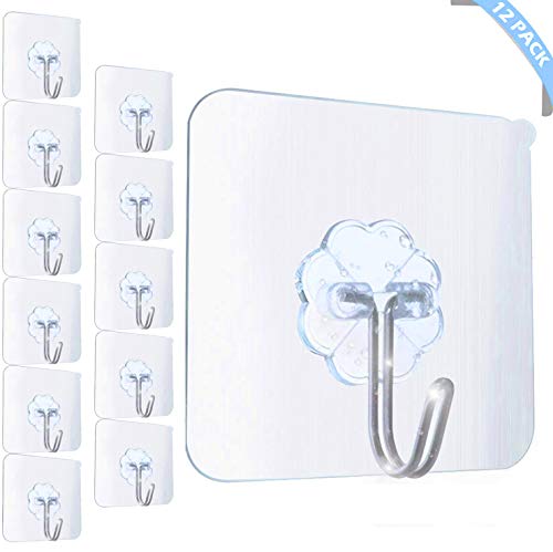 AOMEES Adhesive Hooks, 12 Pack Heavy Duty Wall Hooks 8kg (Max) Self Adhesive Hook