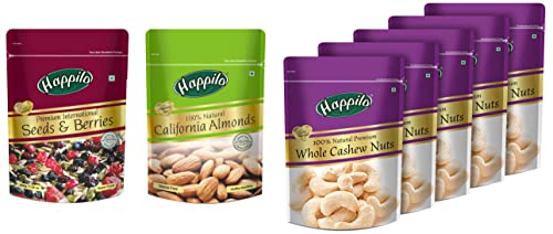 Image of Happilo 100% Natural Premium Californian Almonds,Dried,200g & Premium International Whole Seeds & Berries Pouch, 200 g & Premium 100% Natural Whole Cashews, 200g (Pack of 5)