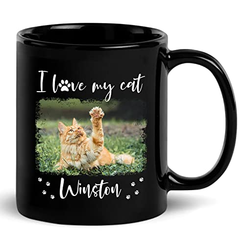 Kaffeetasse mit Aufschrift "I Love My Cat", personalisierbar, 325 ml, 425 ml, Katzenliebhaber, Kaffeetasse, Geschenk, schwarze Keramiktasse mit Aufschrift "I Love My Cat", Geschenk für Katze, Vater,