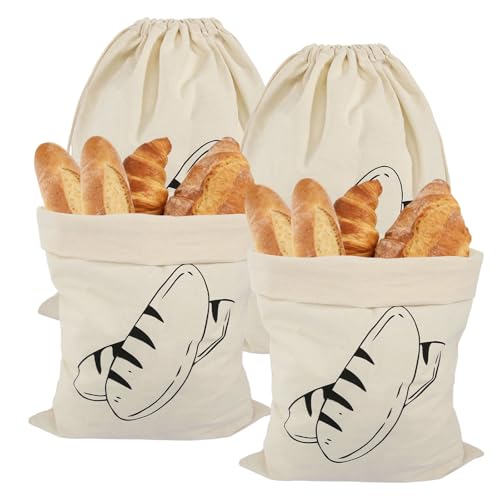 VUTYNKO Bolsa de Pan de Lino, 4 Pieza 40 x 30 cm Reutilizables Bolsa Pan Tela con Cordón, Multifuncional Bolsa de Almacenamiento, para Pan, Nueces, Granos, Verduras, Frutas