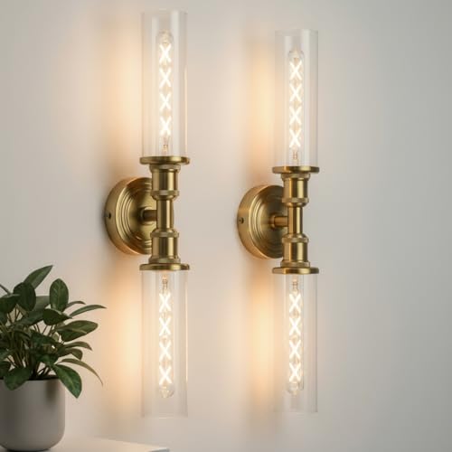 Image of Ken & Ricky Hardwired Modern 24 inch Wall Sconces Set of Two, Gold | Clear Glass,Easy Install,Sconces Decor,2PK,Wall Light fixtures for Bathroom Mirror Living Room Hallway Bedroom