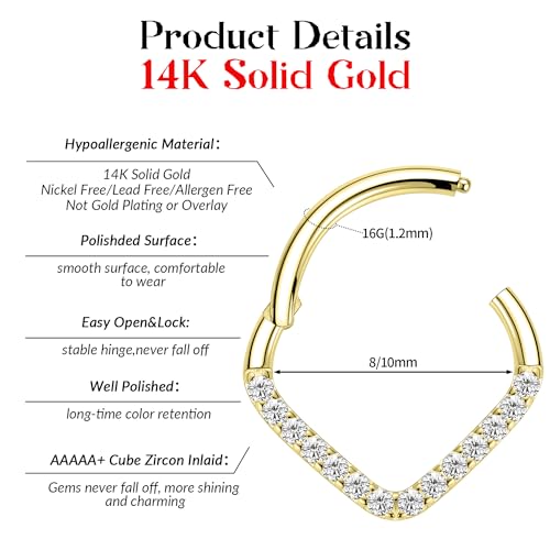 FUNLMO 14K Solid Gold Clear Cube Zircon Teardrop Septum Daith Jewelry Nose Ring Hoop Yellow Gold Cartilage Earring Tragus Helix Rook Daith Conch Piercing Jewelry 16G 8mm 10mm2