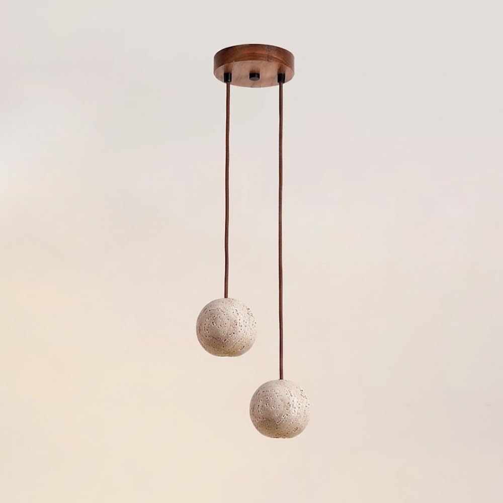 COSRUB Japanese Globe Travertine Pendant Light, Mini Ball Stone Hanging Lamp Fixture Minimalist Rustic Multi Light Chandelier for Living Room Entryway Dining Room(2 Light)