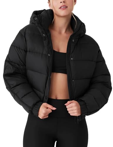 Gihuo Women's Cropped Puffer Jacket Hooded Zip Up Stand Collar Padded Coat Winter Quilted Jackets Outerwear