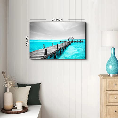 Image of Teal Blue Coastal Canvas Wall Art for Bathroom, Black and White Beach Bridge Seascape Prints Picture Decor 16x24 inch, Grey Nature Ocean Landscape Painting Artwork for Bedroom Living Room Home Decoration