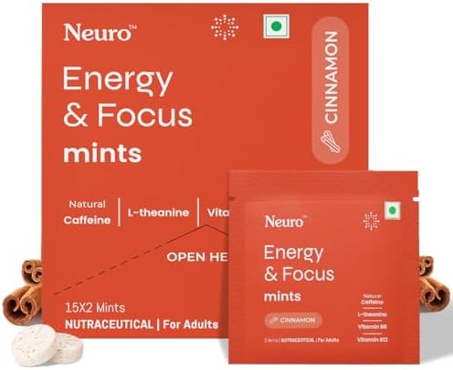 Neuro Energy & Focus Mints - Cinnamon | Quick Energy Boost & Enhanced Focus | Natural Caffeine + 60 mg L-Theanine + Vitamin B6 & B12 | No Added Sugar | Aspartame Free | 30 Mints