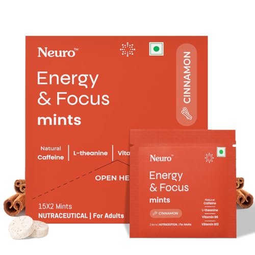 Neuro Energy & Focus Mints - Cinnamon | Quick Energy Boost & Enhanced Focus | Natural Caffeine + 60 mg L-Theanine + Vitamin B6 & B12 | No Added Sugar | Aspartame Free | 30 Mints