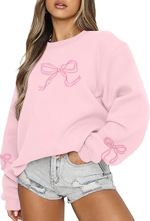 TQUEQRW Oversized Bow Sweatshirt for Women Fall Winter Fashion Pullover Crewneck Long Sleeve Casual Graphic Top Pink