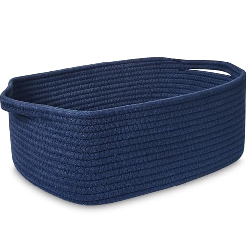 ABenkle Small Storage Basket with Handles, Cotton Rope Woven Dog Cat Toy Bin, Decorative Shelves Closet Organizing for Nursery Laundry Bedroom Bathroom, 14.2''x 11''x 5.1''