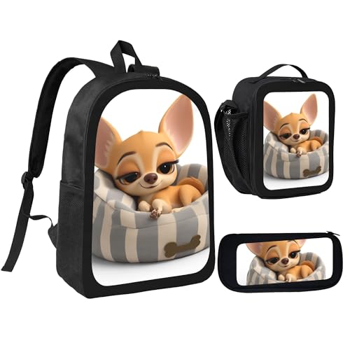Cute Animal Cartoon Dog Large 3-Piece Backpack Set with Insulated Lunch Box & Pencil Case Waterproof 17 Inches Backpacks Bag Back Packs Pencil Pouch Lunch Bag for Men Women 3 Pcs (Black)