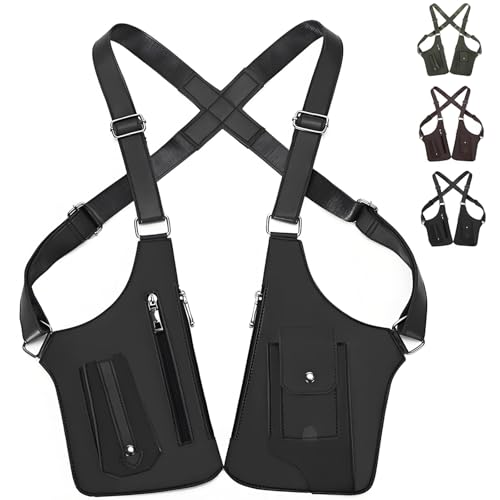 Premium Leather Adjustable Underarm Shoulder Bag for Men - Anti-Theft Hidden Holster Chest Strap Pouch, Tactical Crossbody Sling Bag with Double Pocket (Black)