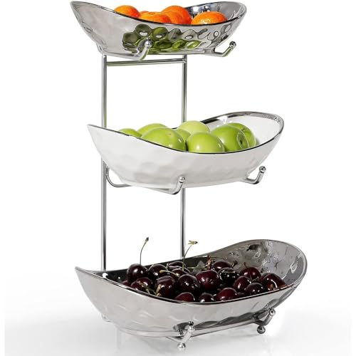 Frutero de 3 Pisos Cesta de cerámica para Frutas, para Frutas y Verduras Snacks Frutos Secos Postre Bandeja Plato Rack, para la Cocina Porcelana Cuencos de Cocina