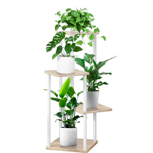YOCOMEY 4 Tier Plant Stand Indoor, Thickened Metal Wood Corner Plant Shelf Stands for Multiple Plants, Indoor Tall Plants Stand Tiered Flower Holder for Living Room Patio Garden Balcony(White+Oak)