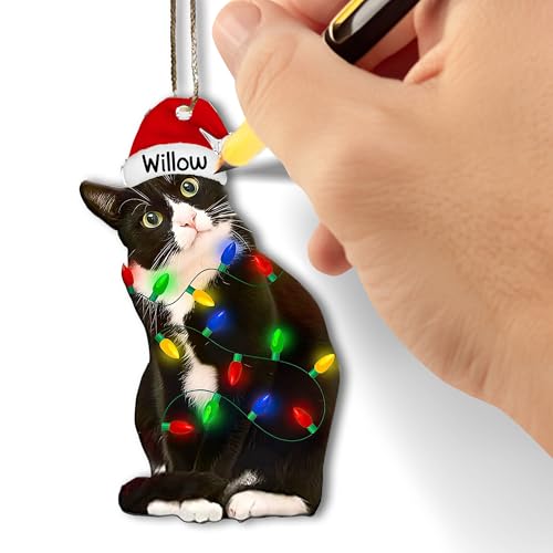 Tuxedo Cat Christmas Acrylic Ornament, Customizable Name