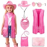 TOLOYE Disfraz Vaquera Niña, 5 Piezas Traje de Cowgirl Rosa Estilo Western con Chaleco de Flecos, Sombrero, Bolso de Bandolera, Gafas de Sol y Bandana, para Carnaval, Halloween, Cosplay, Navidad