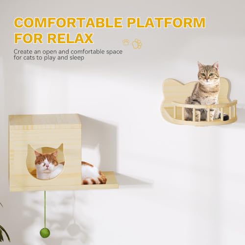 Image of DWVO Cat Wall Shelves and Perches for Wall, Solid Wood Wall Mounted Cat Furniture, Set of 15 Cats Climbing Shelves for Large Cats with Green Wall House & Fence, Steps, Bridge Ladder, Scratching Posts