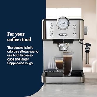 De'Longhi Classic EM450.M, Manual Coffee Machine with Steam Wand, Barista Pump Espresso Machine, Cappuccino Nozzle, Double Wall Filter Basket, 15bar, Fit Mug Up to 13cm, Stainless Steel/Metal