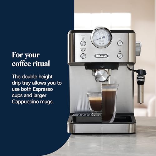 De'Longhi Classic EM450.M, Manual Coffee Machine with Steam Wand, Barista Pump Espresso Machine, Cappuccino Nozzle, Double Wall Filter Basket, 15bar, Fit Mug Up to 13cm, Stainless Steel/Metal