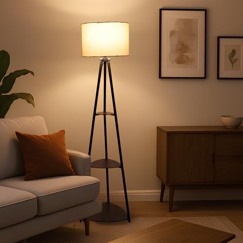 Image of AKWAY Bamboo Tripod Floor Lamp for Living Room Cane Floor Lamp for Home Rattan for Living Room Standing Lamp Wooden Floor Standing lamp for Bedroom (Bulb Not Included) (Tripod Shelf Fabric 12 inchx8 inch)