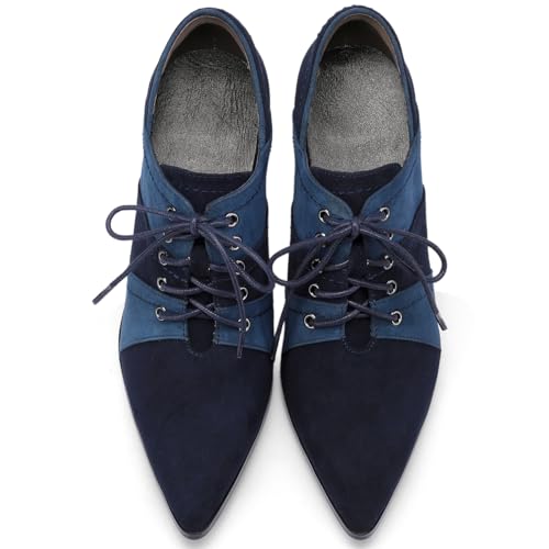 TDD Short Ankle Boots for Women Pointed Toe Chunky Heel Booties Lace Up Dressy Ankle Boots Vintage Blue Booties Faux Suede Dress Shoes4