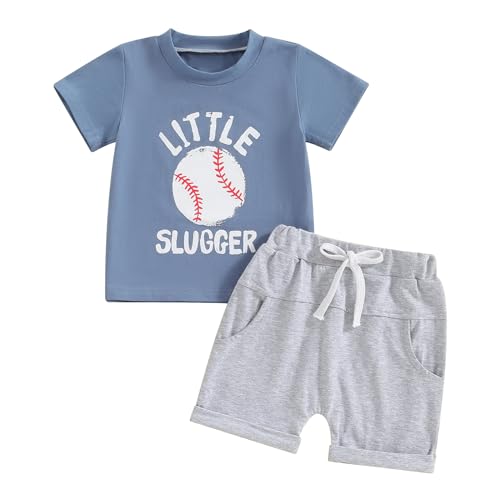 Image of Toddler Baby Boy Summer Outfit Short Sleeve T Shirt Top Casual Shorts Set Infant Newborn Clothes 6 12 18 24 Month 2T (Baseball Blue, 6-12 Months)