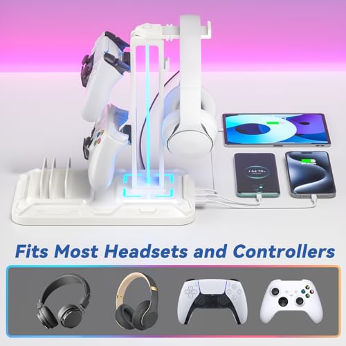 KDD Soporte Auriculares Gaming con Puertos de Carga USB Tipo C - LED Soporte Cascos y Mando Universal con Ranuras para Teléfono & 9 Modos de Luz para Juegos Accesorios Gaming PC Escritorio, Blanco - imagen 6