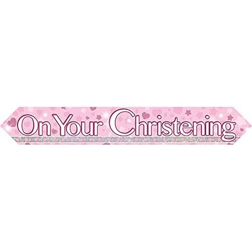 9ft Banner Christening Pink Holographic Dot