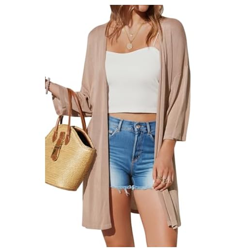 Arach&Cloz Cardigã feminino casual de manga 3/4, frente aberta, quimono leve, verão, praia, saída de praia, Damasco, G