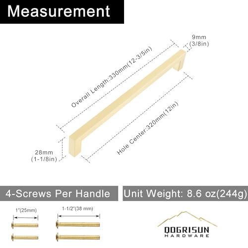 QOGRISUN 2 Pack Solid Brass Cabinet Pulls, 12-3/5 Inch Hole Center, Brushed Matte Gold Square Drawer Handles, Modern Brass Hardware for Kitchen Dresser Bathroom Cupboard Furniture by QOGRISUN - Image 3