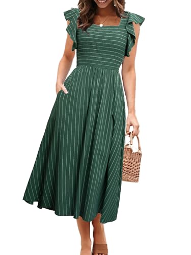 Miessial Womens Summer Striped Midi Dress Casual Short Sleeve Smocked Long Flowy Boho Western Modest Dresses with Pockets Emerald Green,L