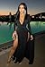 GOKATOSAU Women's Sexy Plunge V Neck Long Sleeve Double High Split Bodycon Long Maxi Dress Black