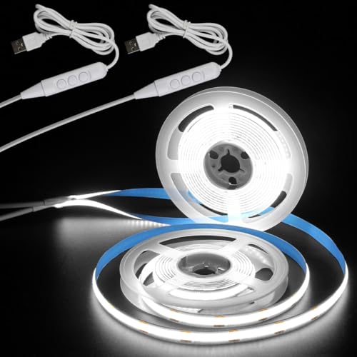 Image of Aclorol 6 FT USB LED Strip Lights for Bedroom 2 Pack Cold White 6000K | Dimmable Brightness, 5V COB LED Strip with Self-Adhesive, Flexible for Bedroom Kitchen Cabinet Mirror Staircase DIY Lighting