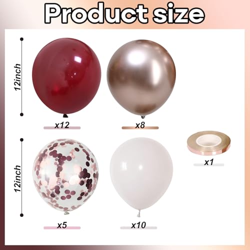 Image of Burgundy Red Balloons, 35PCS Maroon and White Latex Balloons, Wine Red and Rose Gold Confetti Balloon for Birthday Wedding Anniversary Engagements New Year Valentines Day Party Decorations Supplies