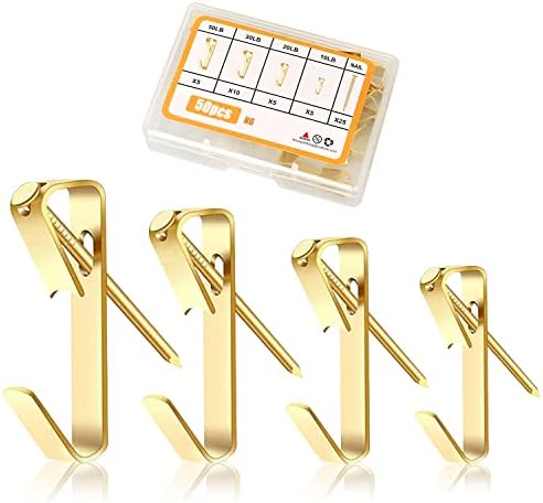 Hooks for Hanging Pictures with Nails - ROBUST 50pcs Picture Hanging Kit, Wall Hooks for Hanging Pictures for Picture Frame, Canvas, Mirror, Art (N6 Gold)