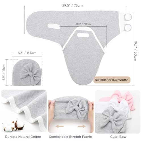 Image of DRESHOW BQUBO 3 Pack Newborn Baby Swaddle Blanket with Hats Infant Adjustable Velcro Swaddling Wraps with Bear Ears Cap for 6-12 Lbs Newborns & 0-3 Months Girls Boys