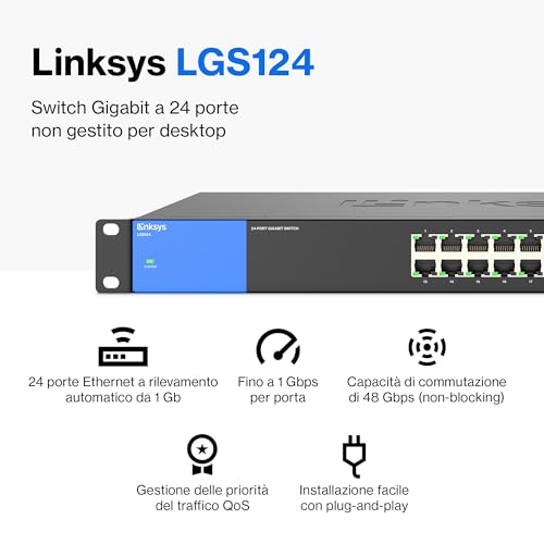 LGS124-EU Switch di rete Gigabit non gestito a 24 porte, hub Ethernet per casa e ufficio con chassis in metallo, montaggio a parete o su scrivania, sdoppiatore Ethernet, plug-and-play - Powerline - Immagine 1