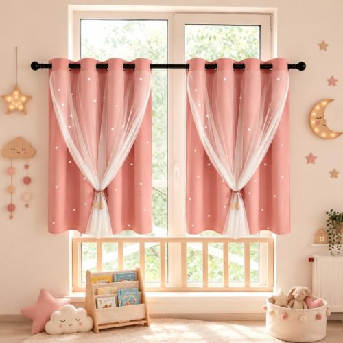 Kinryb Coral Kids Star Cutout Curtains for Bedroom 52" W x 36" L 2 Panels