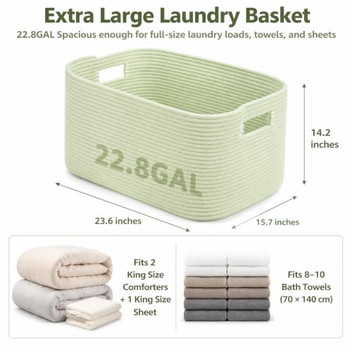 Image of 22.8GAL Xl Extra Large Laundry Basket for Bathroom, Dorm Dirty Clothes, Sturdy Portable Aesthetic Boho Cute Woven Storage Shoes Blanket Baskets for Living Room Decor Girls Boys Pets Toys Sage Green