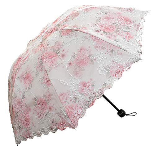 lace parasol umbrella Folding Anti-uv Sunshade Vintage Embroidered Sun Protection (Pink)